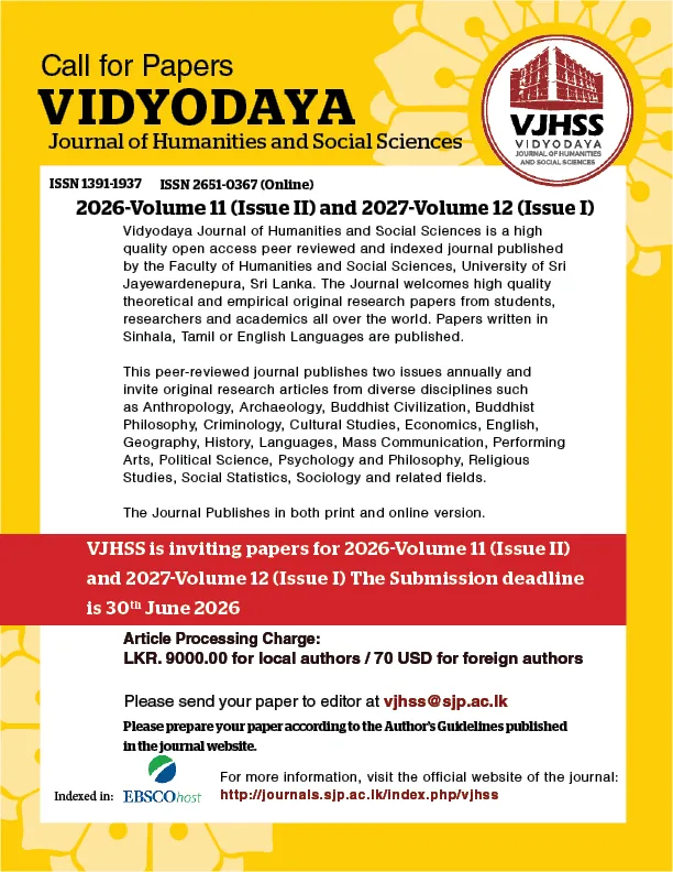 Call for Papers: Vidyodaya Journal of Humanities and Social Sciences Vol 11 (2026 Issue II) / Vol 12 (2027 Issue I) Call for Papers: Vidyodaya Journal of Humanities and Social Sciences Vol 11 (2026 Issue II) / Vol 12 (2027 Issue I)