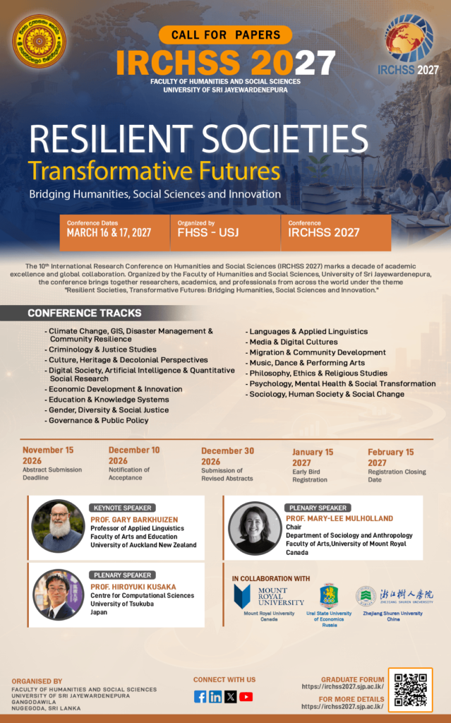 Call for Papers | 10th International Research Conference on Humanities and Social Sciences (IRCHSS 2027) | USJ